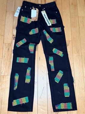 WATSON DENIM JEANS BLACK ALL OVER FRAYED PATCHWORK SIZE 28W/32L Men’s 28